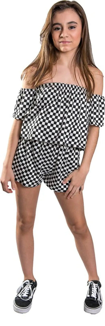 KIDS CHECKERED off the SHOULDER ROMPER