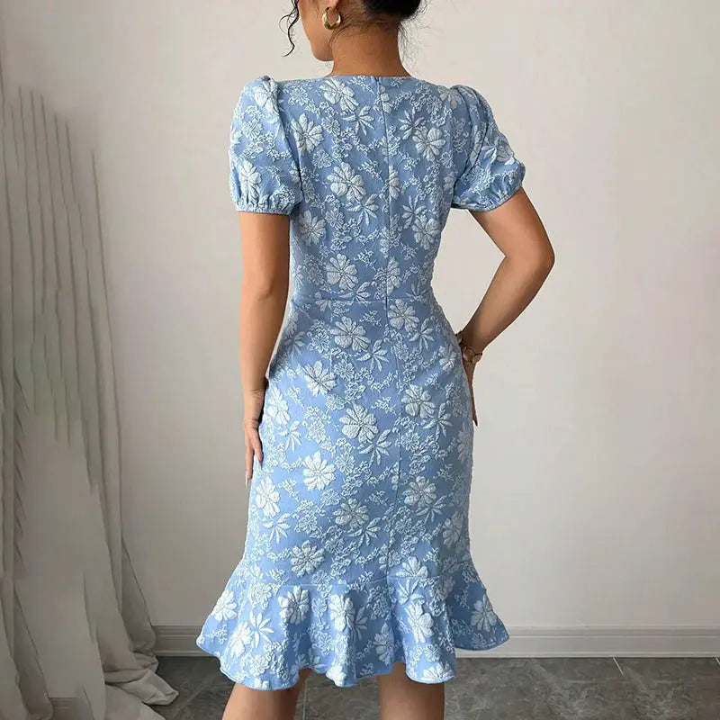 Women Short Puff Sleeve round Neck Ruffle Hem Floral Jacquard Slim Fit Dress