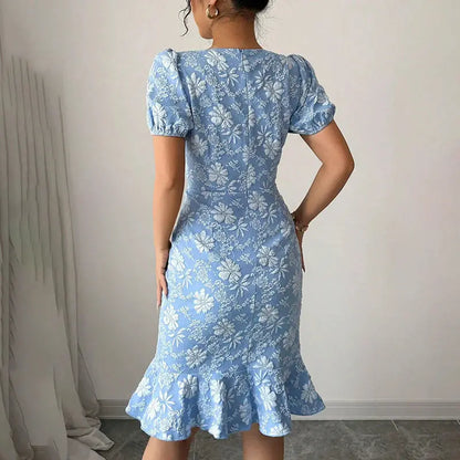 Women Short Puff Sleeve round Neck Ruffle Hem Floral Jacquard Slim Fit Dress