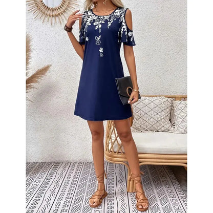 Women Summer off Shoulder round Neck Floral Print Beach Vacation Bohemian Dress