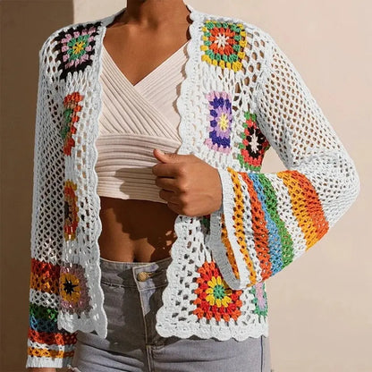Women Elegant Crochet Cardigan - Long Sleeve Open Front Vibrant Color Block Coat
