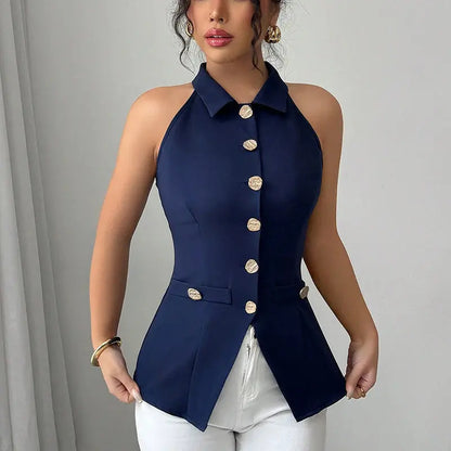Women Elegant Fit Solid Sleeveless Tank Top - Button Front Lapel Top