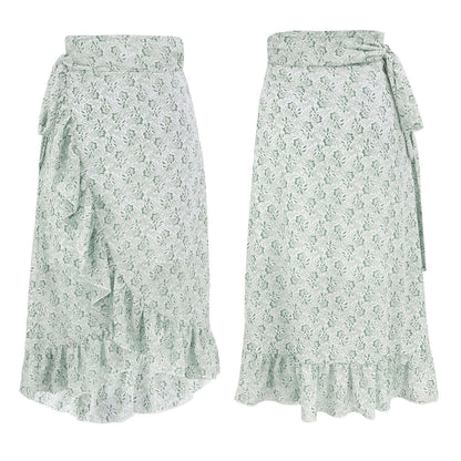Woman Skirts High Waist Fashion Long Black Knotted Tied Wrap Floral Ruffle Chiffon A-Line Split Skirt Spring Summer Clothes - Abysaz Kollectionz