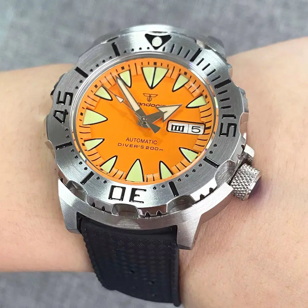 Luminous 42Mm 200M Diving AR Sapphire Crystal Monster Orange Dial NH36A Mens Automatic Watch 3.8 O'Clock Day Lume Rubber