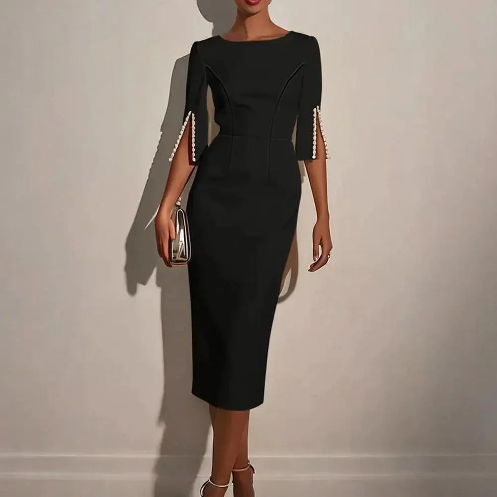 Women Elegant Solid Pearl Embellished Back Zipper and Slit Sleeves round Neck Dress