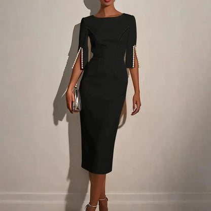 Women Elegant Solid Pearl Embellished Back Zipper and Slit Sleeves round Neck Dress