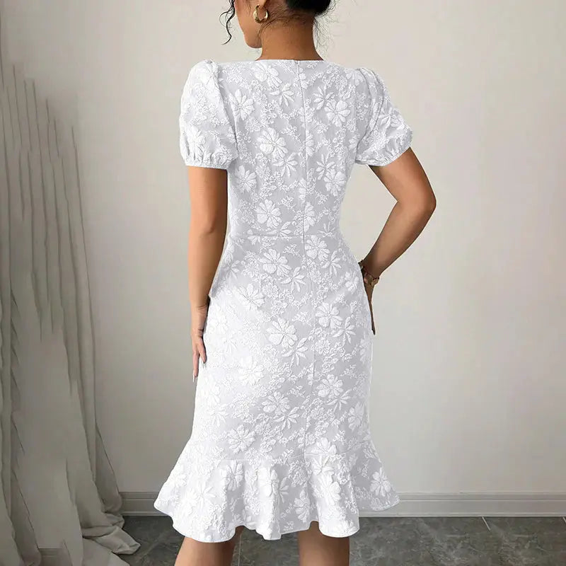 Women Short Puff Sleeve round Neck Ruffle Hem Floral Jacquard Slim Fit Dress