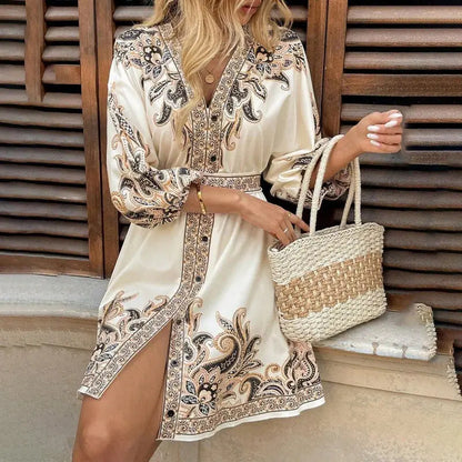 Women Elegant V Neck Lantern Sleeve Wrap Waist Tie Floral Print Dress