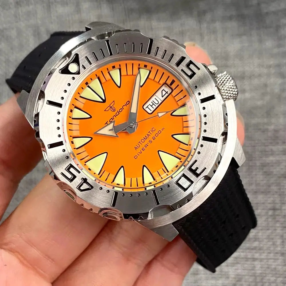 Luminous 42Mm 200M Diving AR Sapphire Crystal Monster Orange Dial NH36A Mens Automatic Watch 3.8 O'Clock Day Lume Rubber