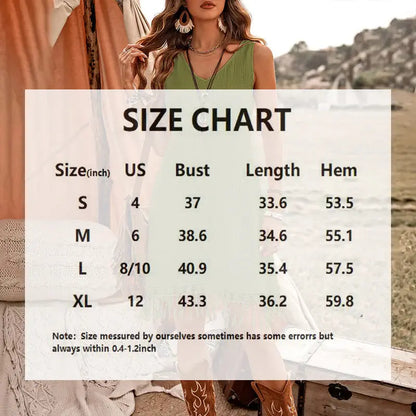 Women Elegant Solid Color V Neck Fringe Detail Sleeveless Bohemian Dress