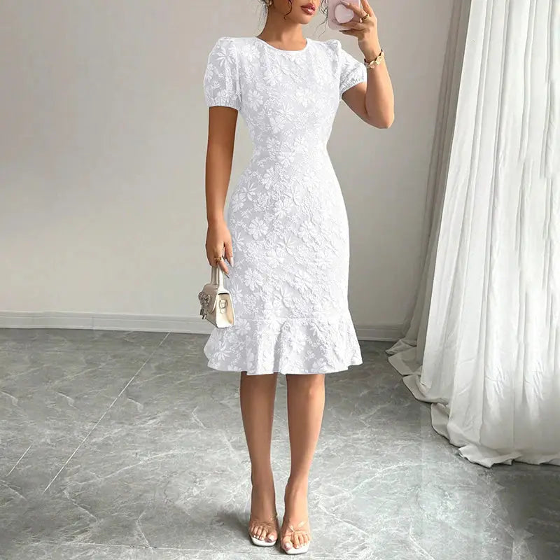 Women Short Puff Sleeve round Neck Ruffle Hem Floral Jacquard Slim Fit Dress