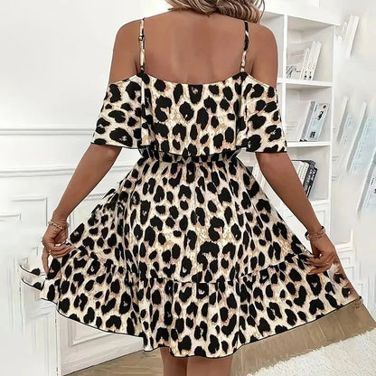 Women Sexy Leopard Print Sleeveless Dress - Flowy Spaghetti Strap Mini Dress