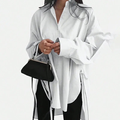 Women Casual Solid Color Loose Long Sleeve Side Slit Tie Button Shirt