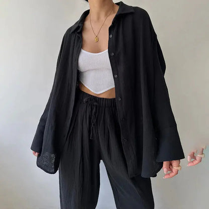 Women Casual Loose Solid Color Lapel Long Sleeve Shirt and High Waist Pants Set