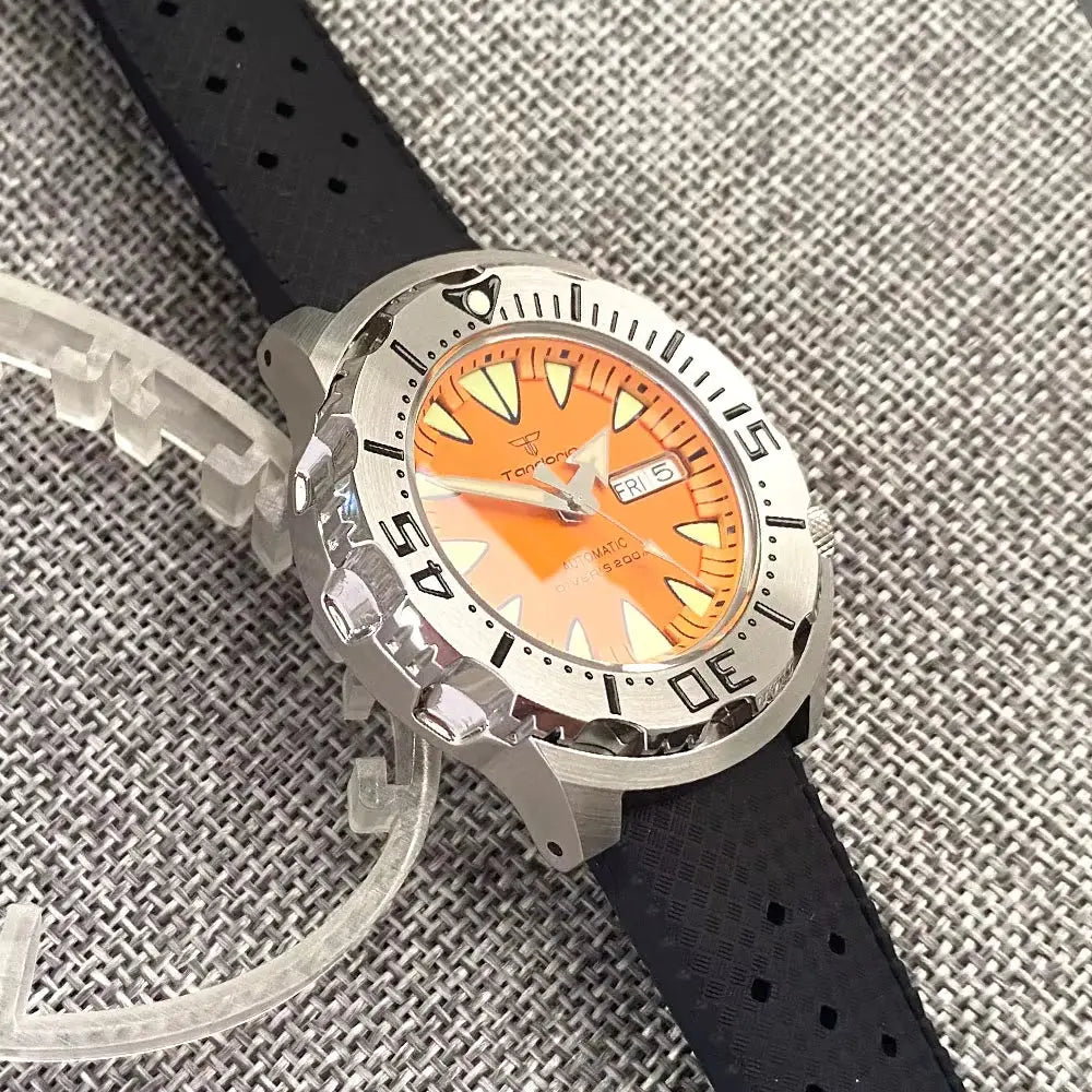 Luminous 42Mm 200M Diving AR Sapphire Crystal Monster Orange Dial NH36A Mens Automatic Watch 3.8 O'Clock Day Lume Rubber