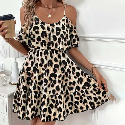 Women Sexy Leopard Print Sleeveless Dress - Flowy Spaghetti Strap Mini Dress