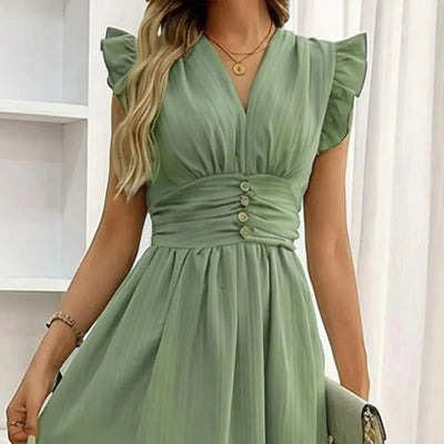Women Solid Color Sleeveless V Neck High Waist Ruffle Hem Bohemian Flowy Summer Dress