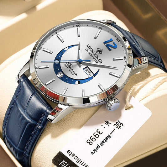 Master Moon Phase Luminous Waterproof Wrist Watch Men's Fashion Genuine Leather Strap Quartz Watch Abysaz Kollectionz