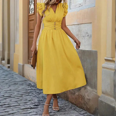 Women Solid Color Sleeveless V Neck High Waist Ruffle Hem Bohemian Flowy Summer Dress