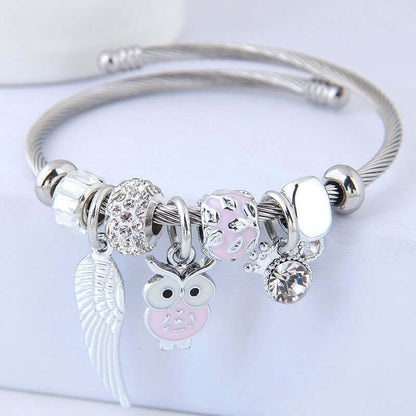 Abysaz Kollectionz DIY Beaded Owl Angel Wings Pendant Stainless Steel Bracelet - Abysaz Kollectionz