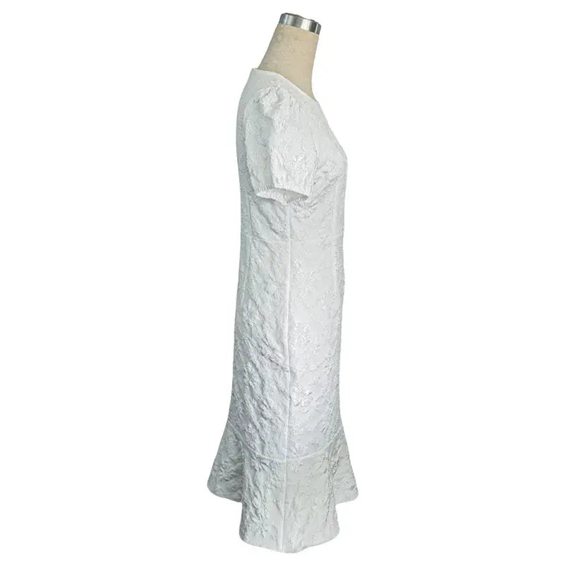 Women Short Puff Sleeve round Neck Ruffle Hem Floral Jacquard Slim Fit Dress