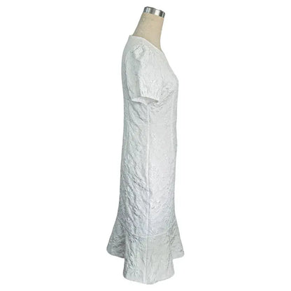 Women Short Puff Sleeve round Neck Ruffle Hem Floral Jacquard Slim Fit Dress